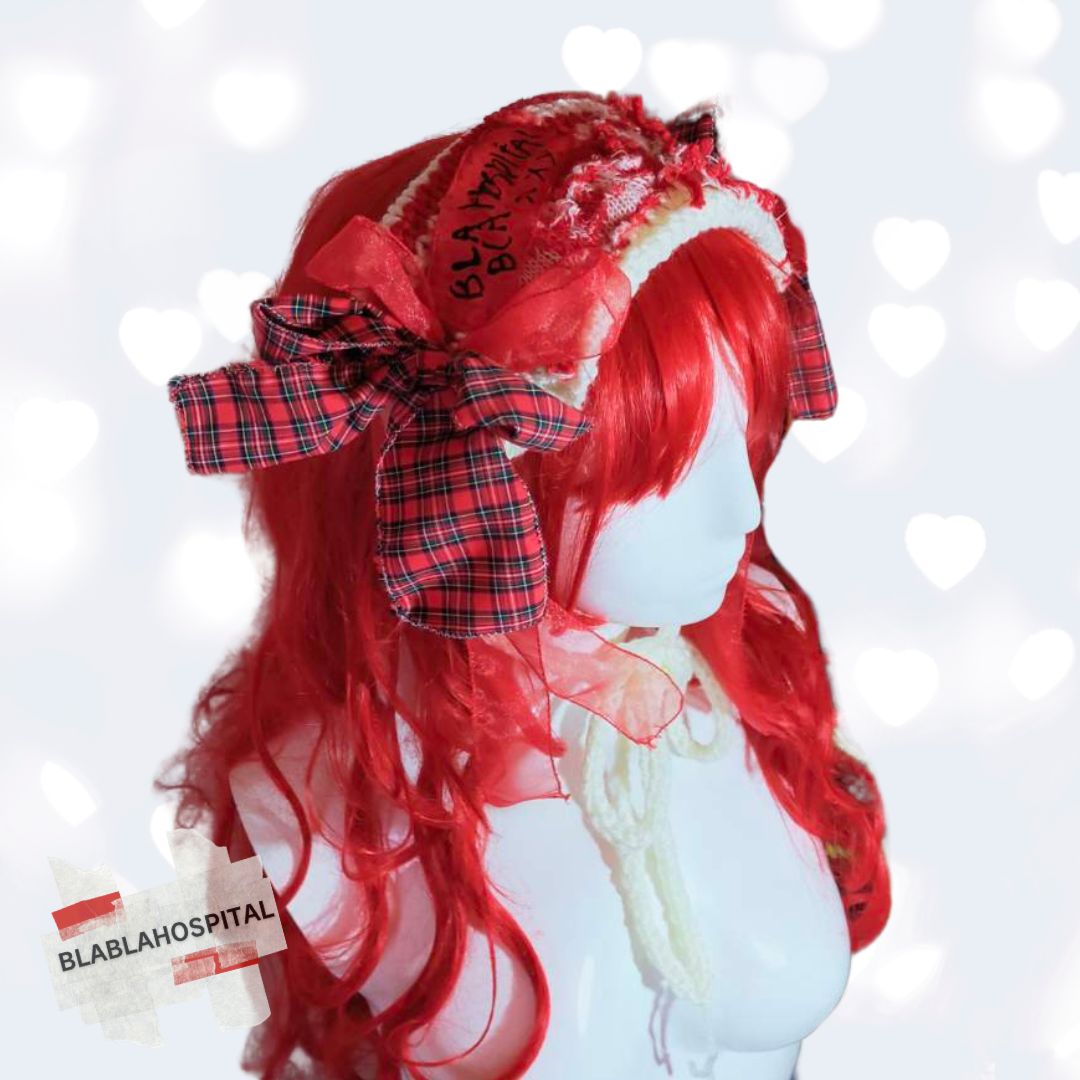 *Reserved* Tokyo Punk J-fashion  Lolita  Headdress Handmade Red and Off-white Knit x Tartan Handmade