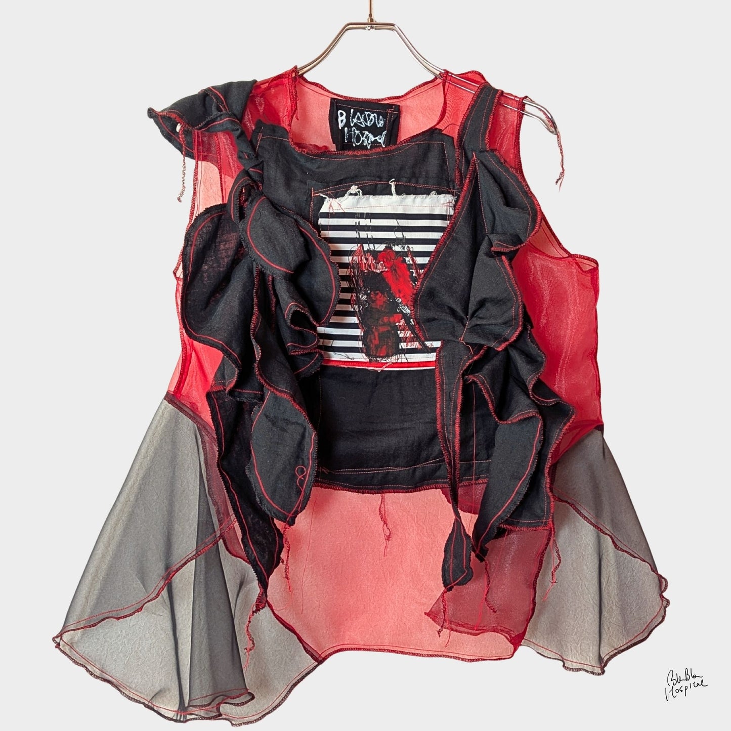 Red Air – No.03 | Sheer Organza Top with Black Improv Frill – Layering Piece