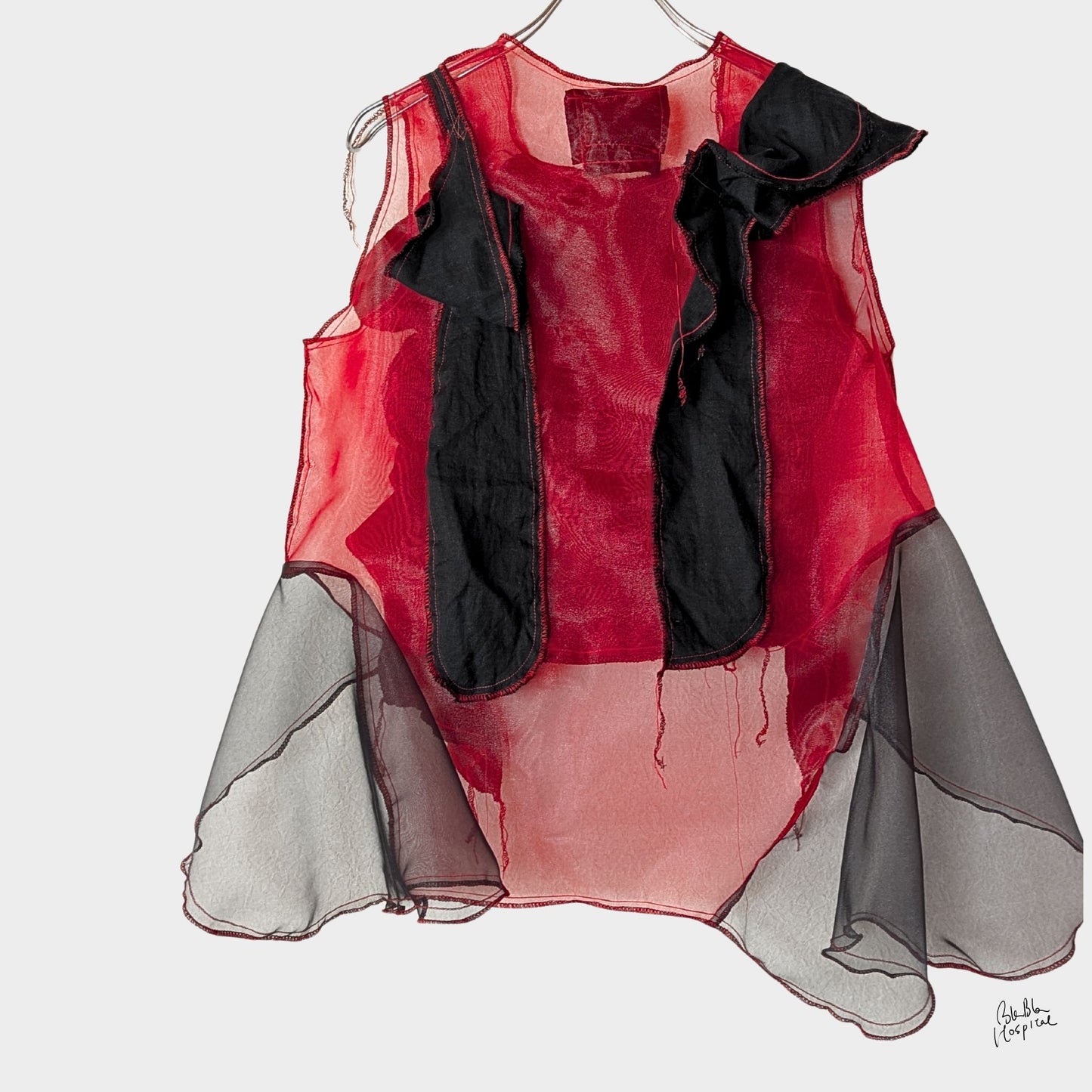 Red Air – No.03 | Sheer Organza Top with Black Improv Frill – Layering Piece