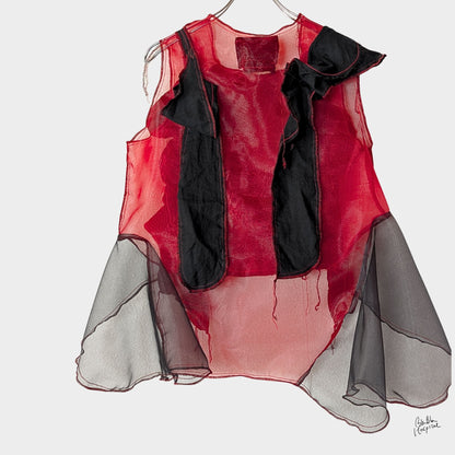 Red Air – No.03 | Sheer Organza Top with Black Improv Frill – Layering Piece