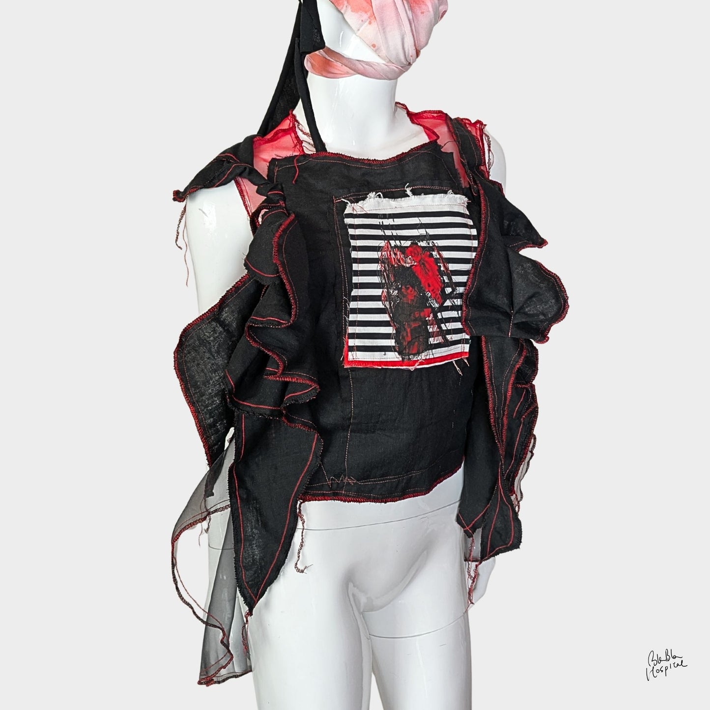 Red Air – No.03 | Sheer Organza Top with Black Improv Frill – Layering Piece