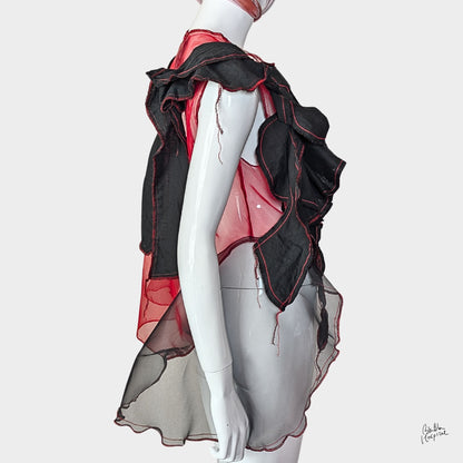 Red Air – No.03 | Sheer Organza Top with Black Improv Frill – Layering Piece