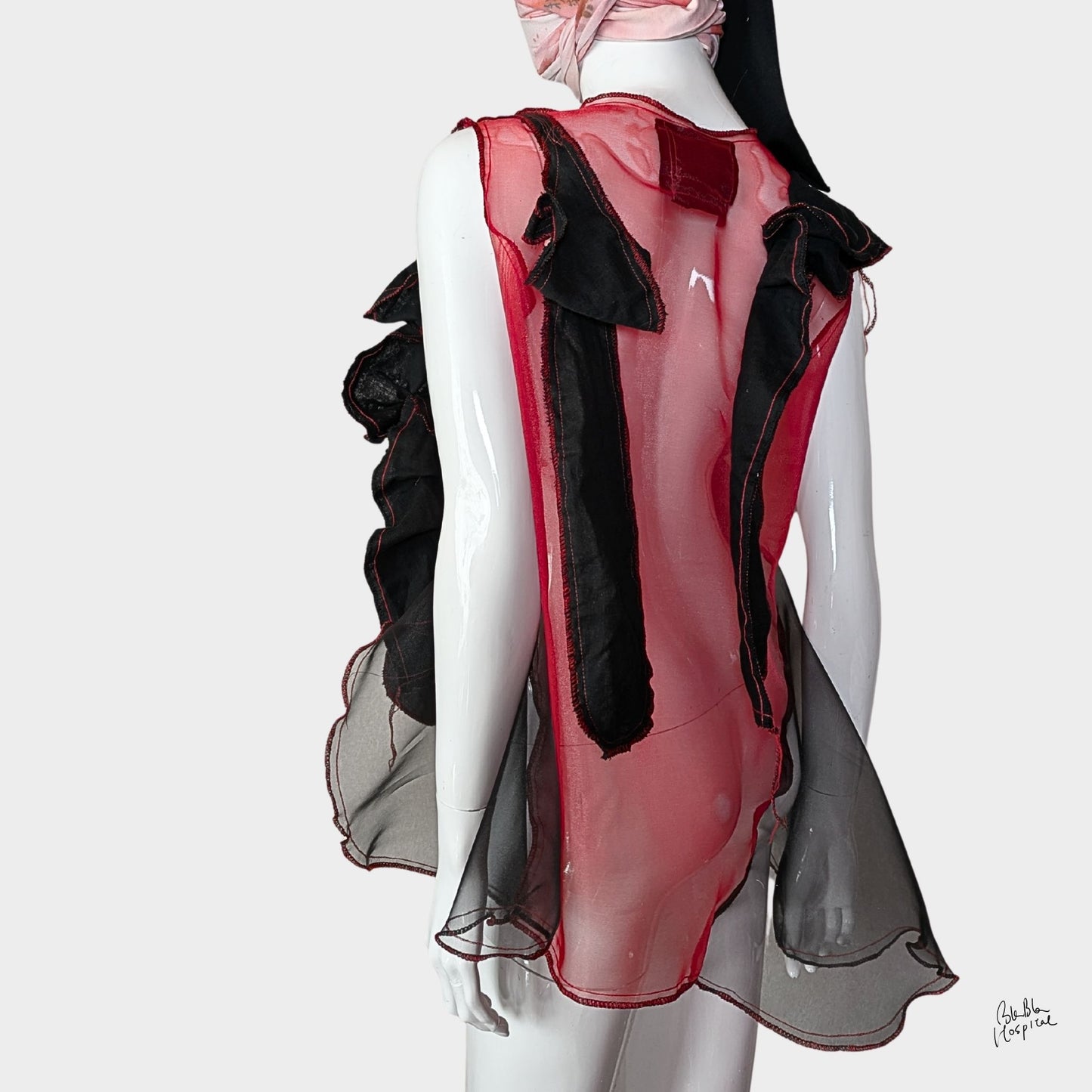 Red Air – No.03 | Sheer Organza Top with Black Improv Frill – Layering Piece