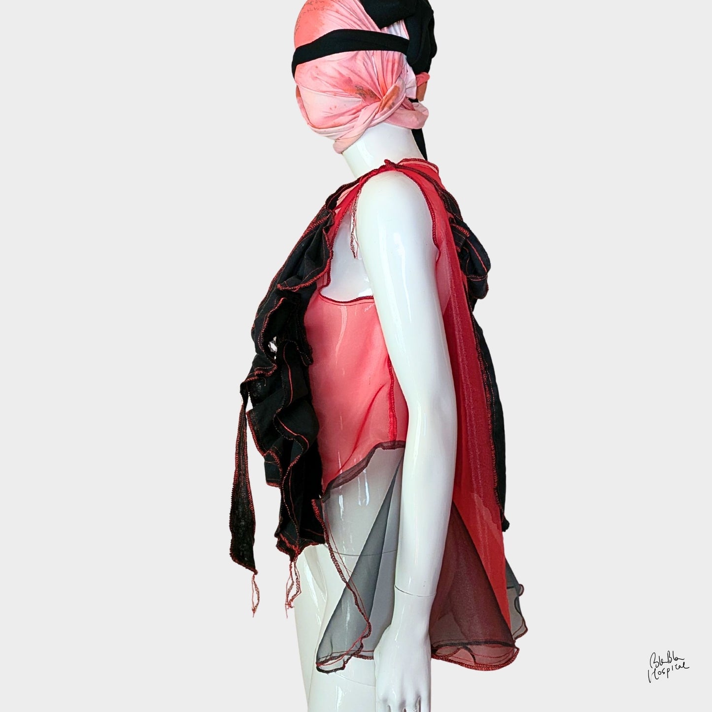 Red Air – No.03 | Sheer Organza Top with Black Improv Frill – Layering Piece