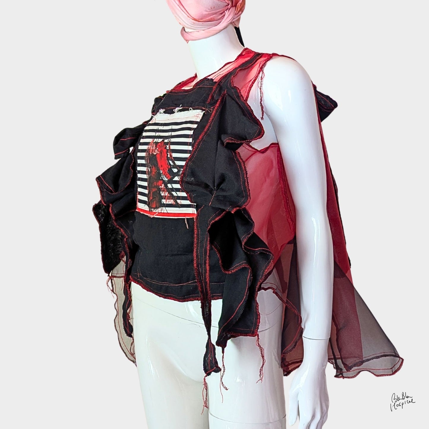 Red Air – No.03 | Sheer Organza Top with Black Improv Frill – Layering Piece