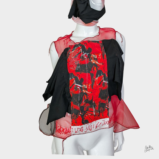 Red Air – No.02 | Sheer Organza Top with Art-Printed Patch – Layering Piece
