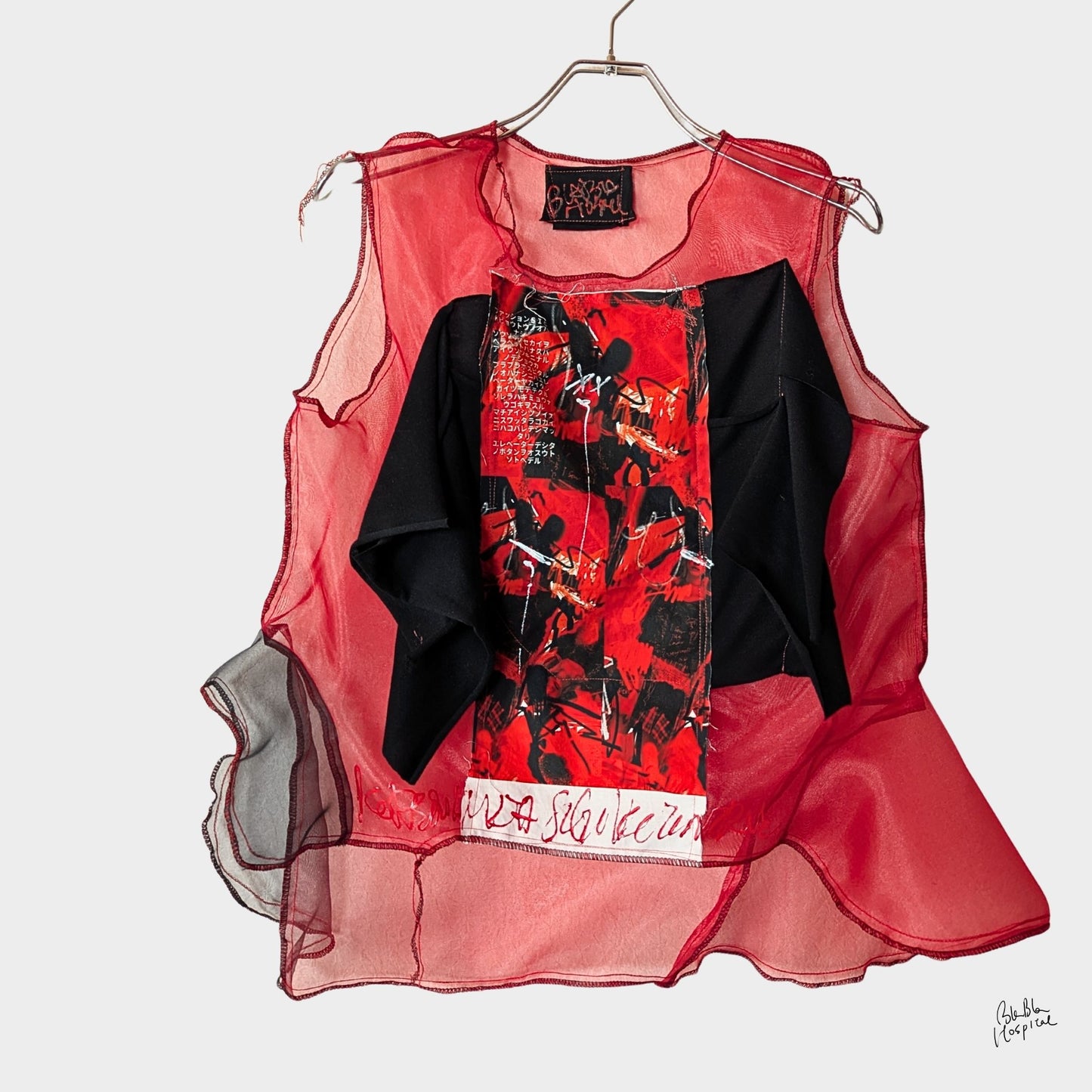 Red Air – No.02 | Sheer Organza Top with Art-Printed Patch – Layering Piece