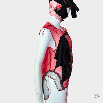 Red Air – No.02 | Sheer Organza Top with Art-Printed Patch – Layering Piece