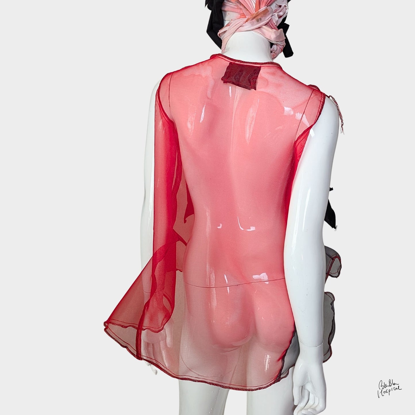 Red Air – No.02 | Sheer Organza Top with Art-Printed Patch – Layering Piece