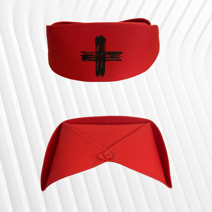 Schwarze Kreuzfarbe, gotische rote Krankenschwestermütze, medizinische Mode