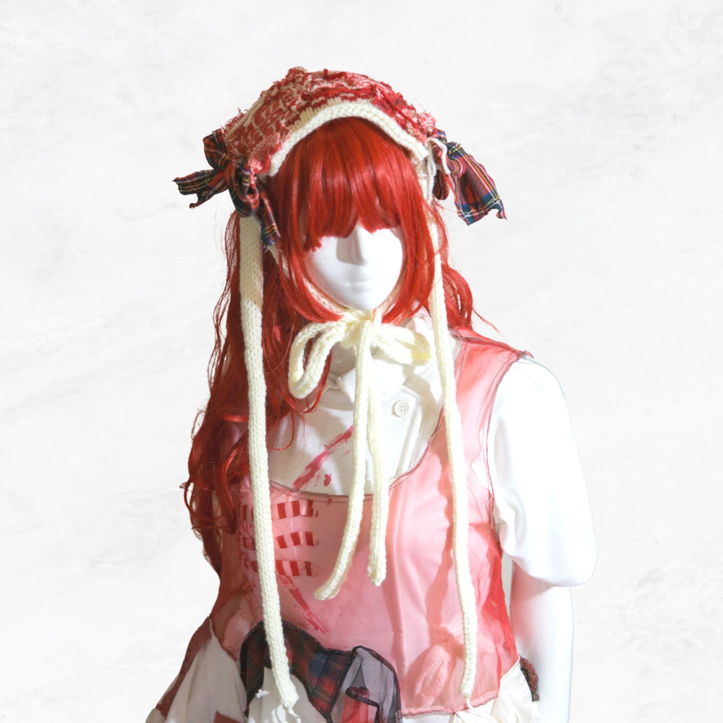Tokyo Punk J-fashion  Lolita  Headdress Handmade Red and White Knit x Tartan Handmade 　