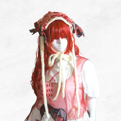 Tokyo Punk J-Fashion Lolita Kopfschmuck handgefertigt rot und weiß gestrickt x Tartan handgefertigt